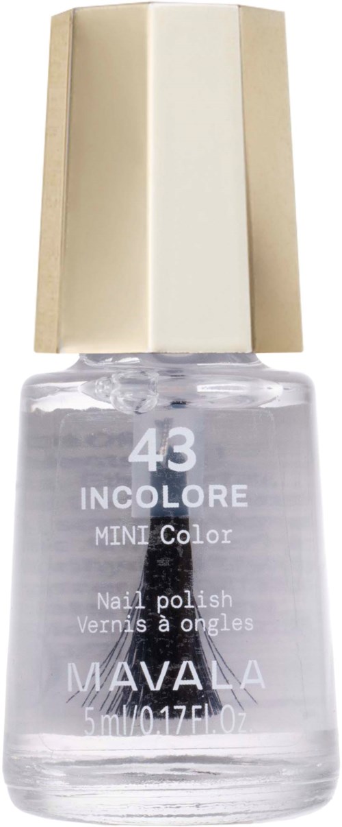 Eine klare Nagellackflasche mit goldener Kappe, gekennzeichnet 43 INCOLORE MINI Color, von MAVALA, enthält 5 ml.