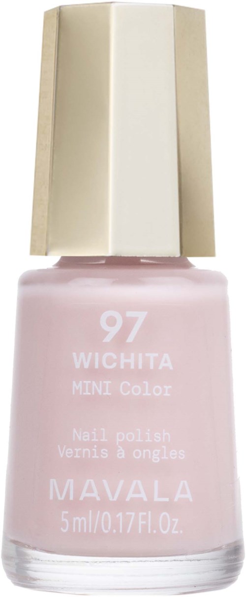 Hellrosa Nagellackflasche mit Goldkappe, gekennzeichnet Wichita MINI Color, 97, Mawala, 5 ml.