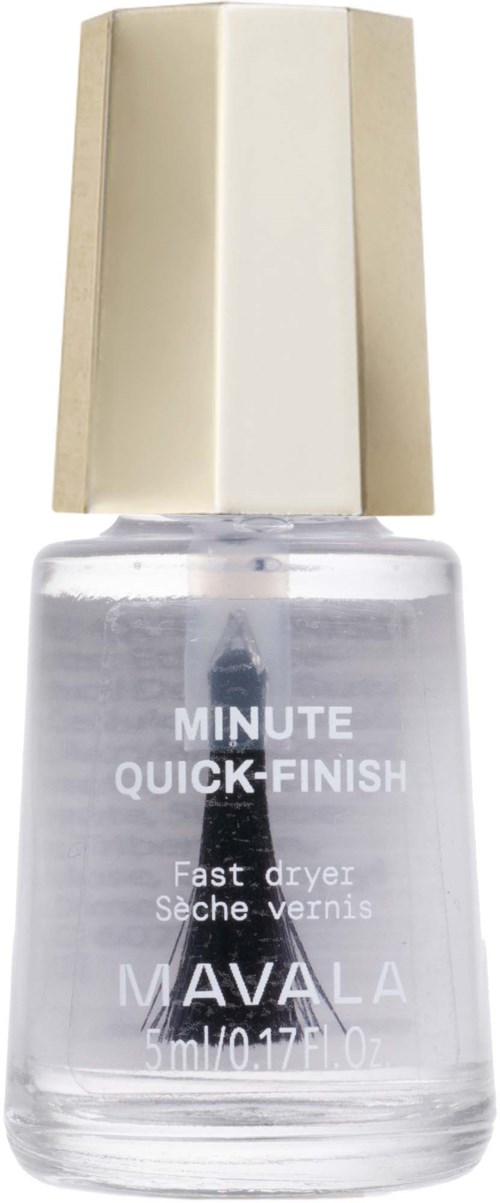 Kleine klare Nagellackflasche mit goldener Kappe, gekennzeichnet "MAVALA MINUTE QUICK-FINISH."