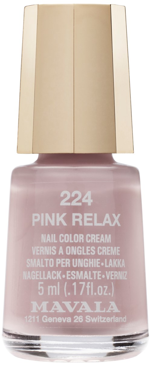 Eine Flasche pinker Nagellack mit goldener Kappe, Beschriftung 'Pink Relax', von Mavala, 5 ml.