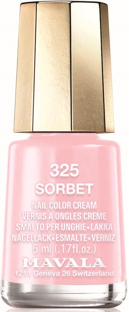 Różowa butelka lakieru do paznokci z złotym korkiem, oznaczona '325 Sorbet', od Mavala.