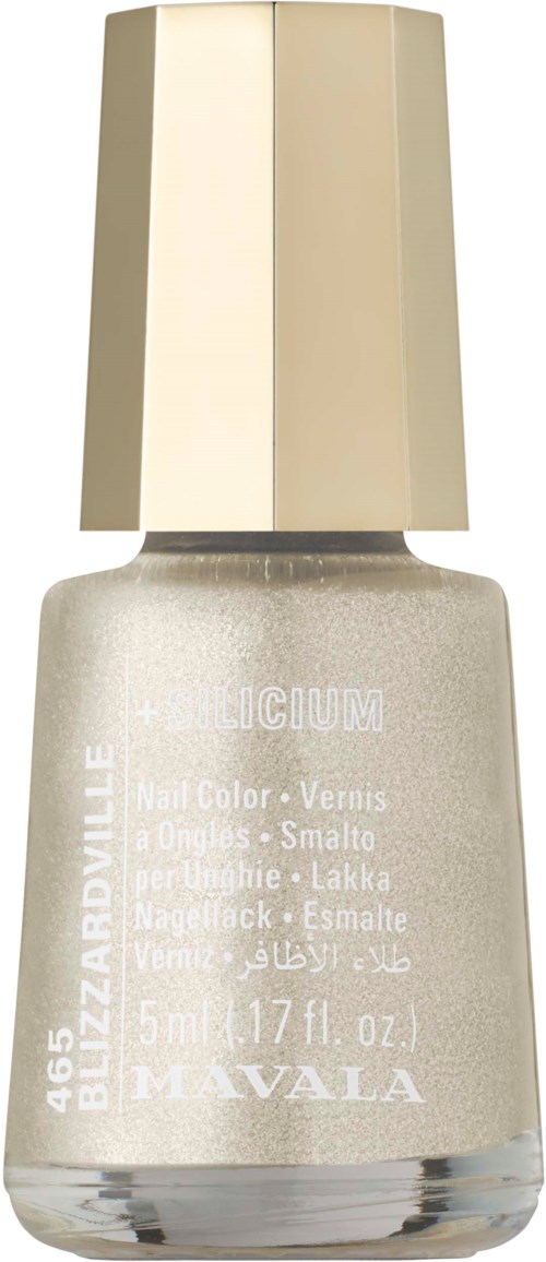 Eine silberne Nagellackflasche mit goldener Kappe. Das Etikett zeigt Marken- und Produktdetails.