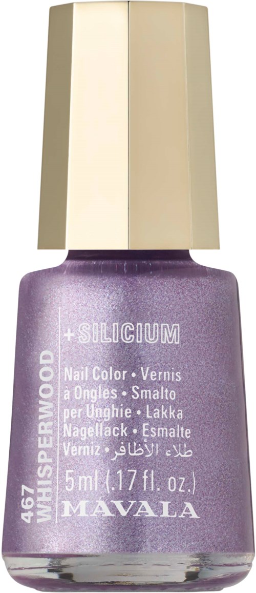 Lila Nagellackflasche mit beigem Deckel, gekennzeichnet Wisperwood, von Mavala, mit Text über Farbe und Volumen.