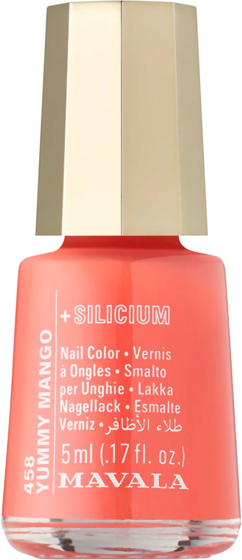 Eine korallenfarbene Nagellackflasche mit Goldkapp, beschriftet 'MAVALA' und 'SILICIUM +'.