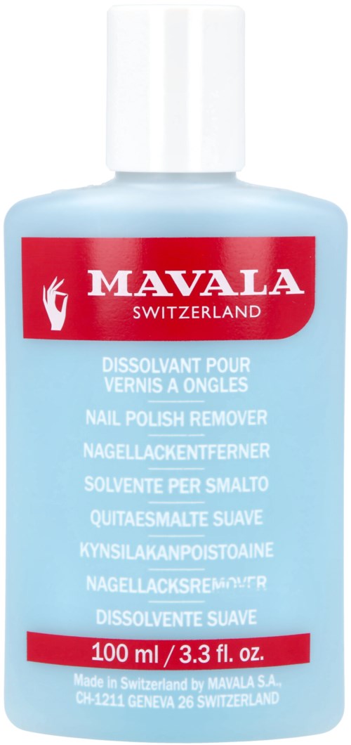 A bottle of nail polish remover with a white cap, red and blue label, and text in multiple languages.