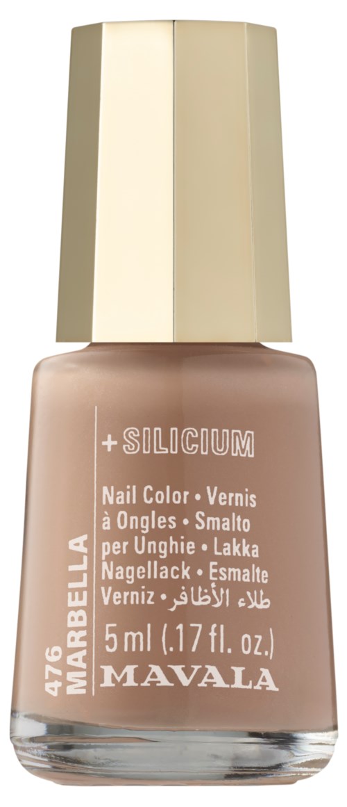 Beigeä nail art -pullo, kultainen korkki, merkitty 'MAVALA' ja '+SILICIUM', sisältää 5 ml lakkaa.