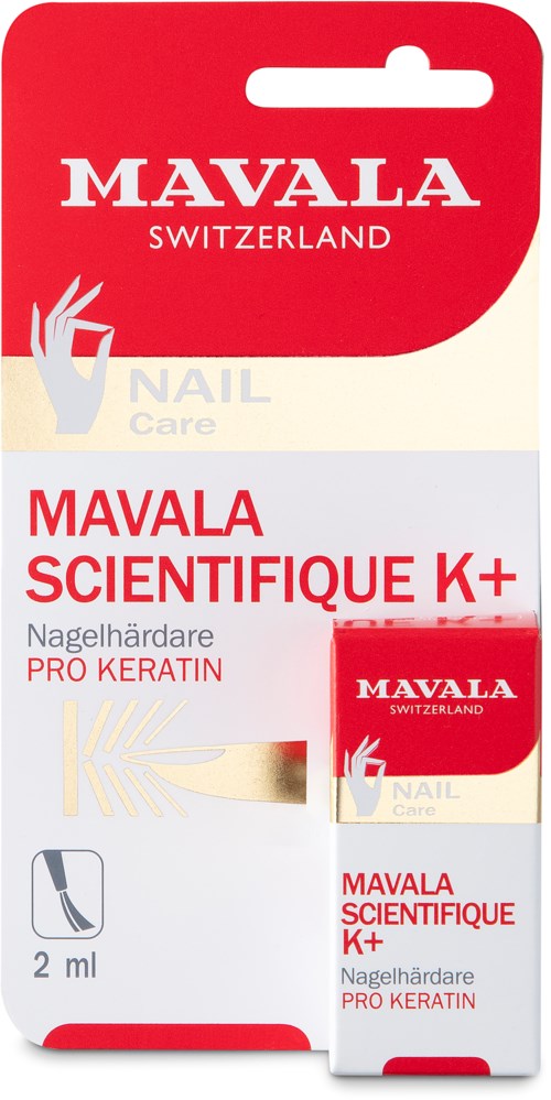 A nail care product box from Mavala, Switzerland, featuring red, white, and beige colors, with product details and branding.
