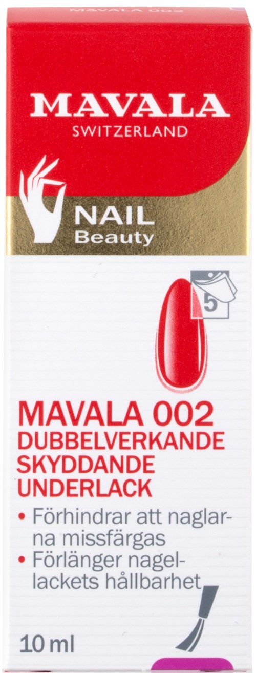 A red and white box of Mavala nail polish, with a nail image, blending protection and long-lasting shine features.