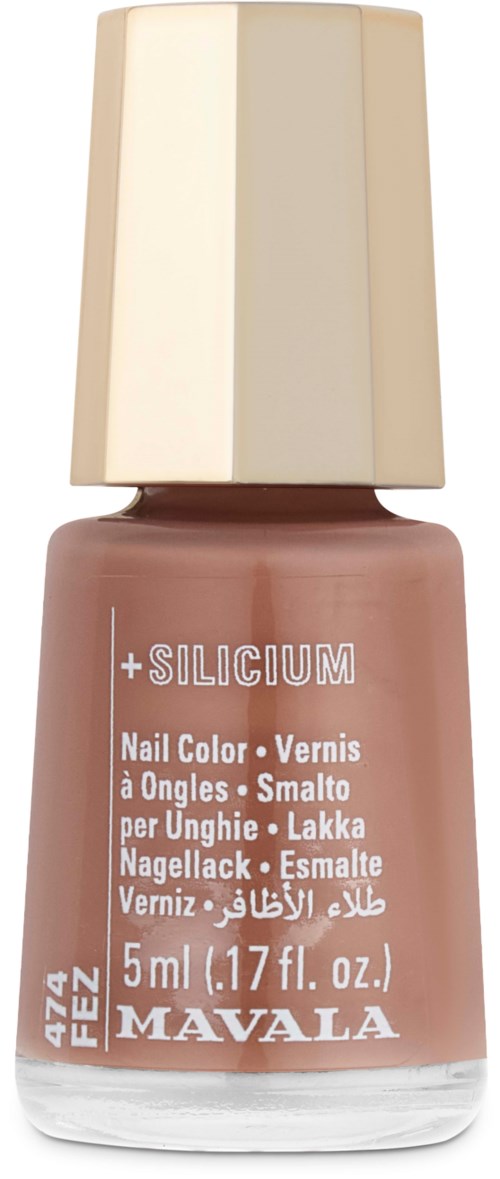 Eine Flasche pinkfarbiger Nagellack mit beigem Deckel und weißem Text.