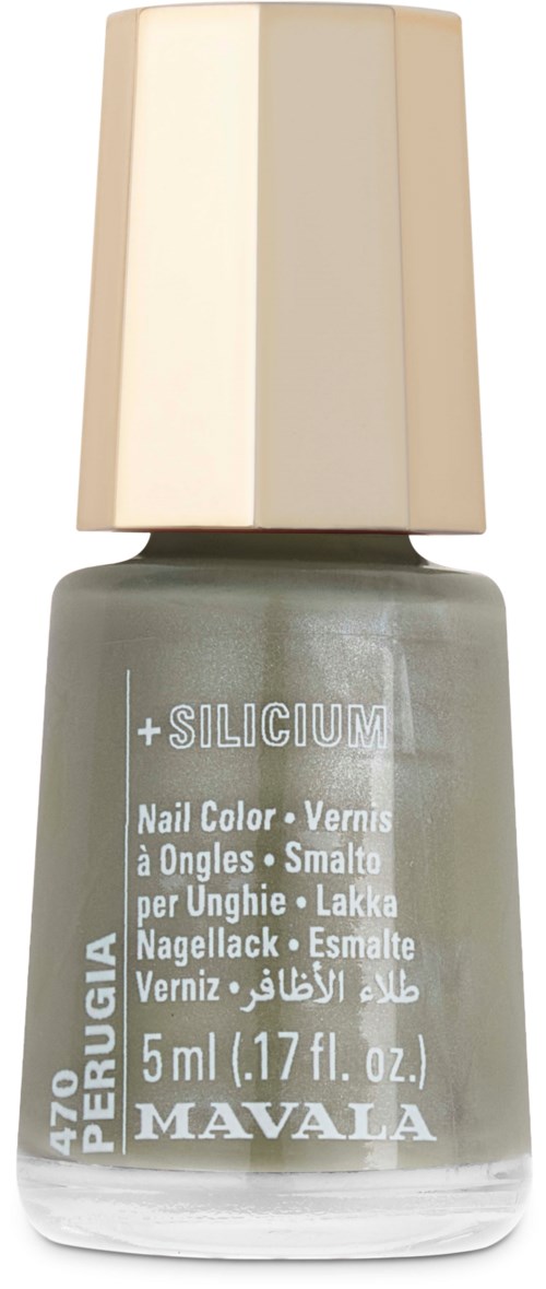 Kleine Nagellackflasche in gedämpftem Grün mit beiger Kappe.