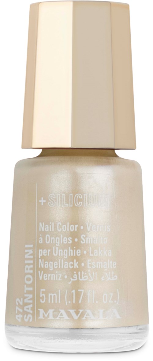 Eine Flasche hellfarbiger Nagellack mit weißem Deckel, in mehreren Sprachen beschriftet.