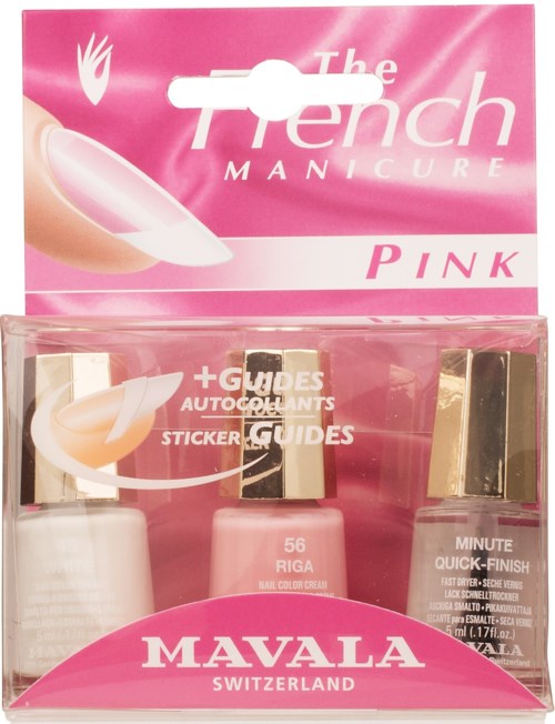 A pink nail care set with polish bottles and guides, labeled 'The French Manicure Pink', from Mavala Switzerland.