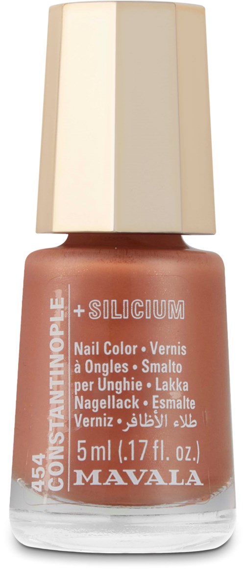 Nagellackflasche in sanftem Rosa mit beigem Deckel, beschriftet "CONSTANTINOPLE+SILICIUM" und 5 ml.