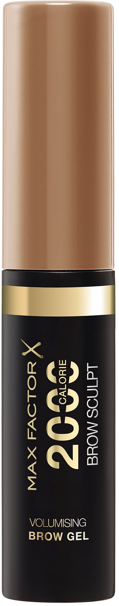 Ein Augenbrauengel-Tube mit beigem Deckel und schwarzem Körper, beschriftet 'Max Factor Brow Cote' für Augenbrauenstyling.