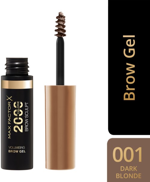 Schwarze und goldene Augenbrauengel-Flasche, geöffnet mit Bürste, zeigt dunklen Gel. Beschriftung sagt 'Brow Gel,' 'Dark Blonde.'