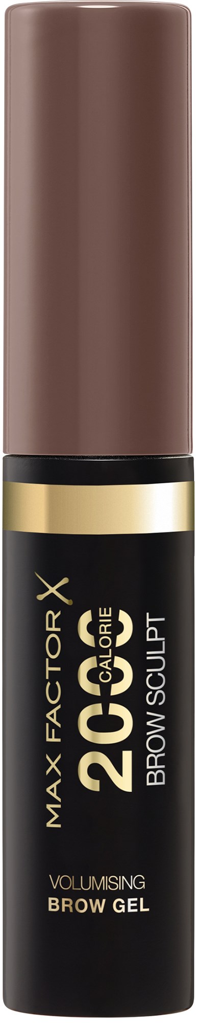 Eine Augenbrauengel in schwarzem Tub with Goldring, gekennzeichnet als Max Factor Brow & Care Sculpt, volumserhöhend.