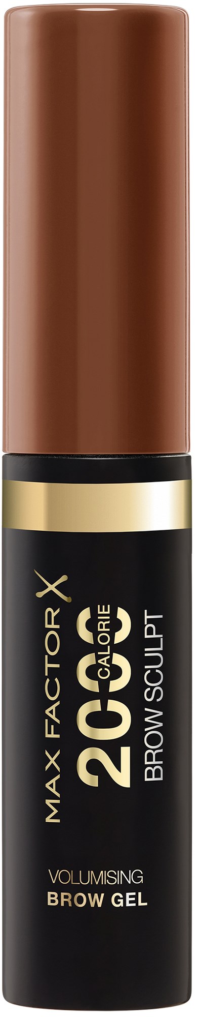 Ein Brauengel mit brauner Farbe, schwarzer und goldener Verpackung, und den Text "Max Factor " und "19 Care Brow Sculpt."