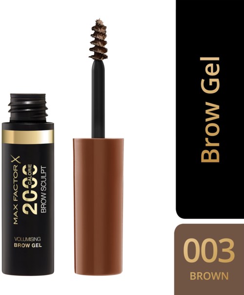 Braune Augenbrauengel mit Pinselapplikator und Produktbehälter, beschriftet "Brow Gel" und "003 Brown."