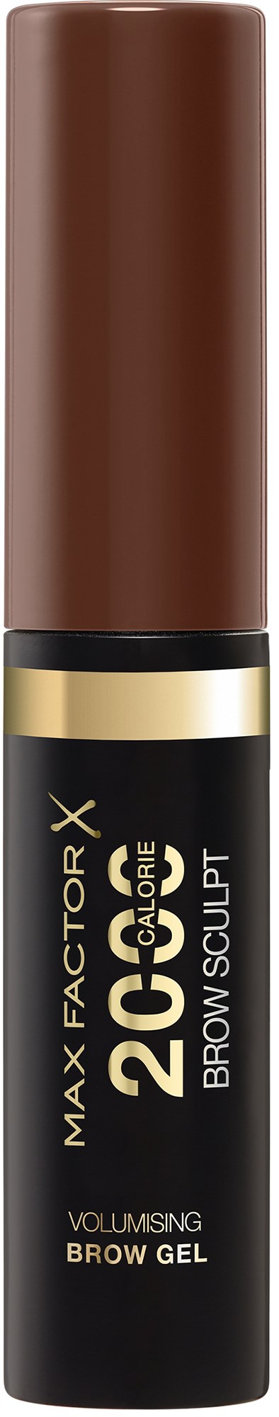 Eine Augenbrauengel in schwarzer Tube mit braunem Deckel, beschriftet 'Max Factor Brow Gel' für volumengebende Brauenpflege.