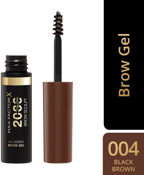 Schwarze und braune Augenbrauengel mit Bürste, beschriftet 'Brow Gel 004 Black Brown' und 'Volumising Brow Gel.'