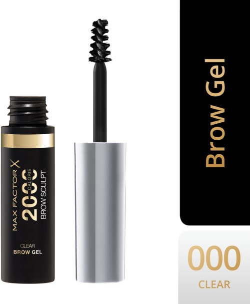 Eine schwarze und silberne Flasche mit Augenbrauengel, Pinselapplikator und klarer Beschriftung "Max Factor X Brow Gel."