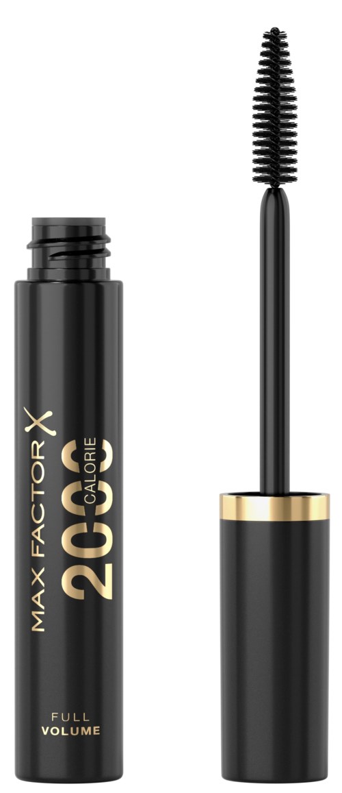 En svart mascara flaska märkt 'MAX FACTOR X 20 GALORE' med en öppen borste.