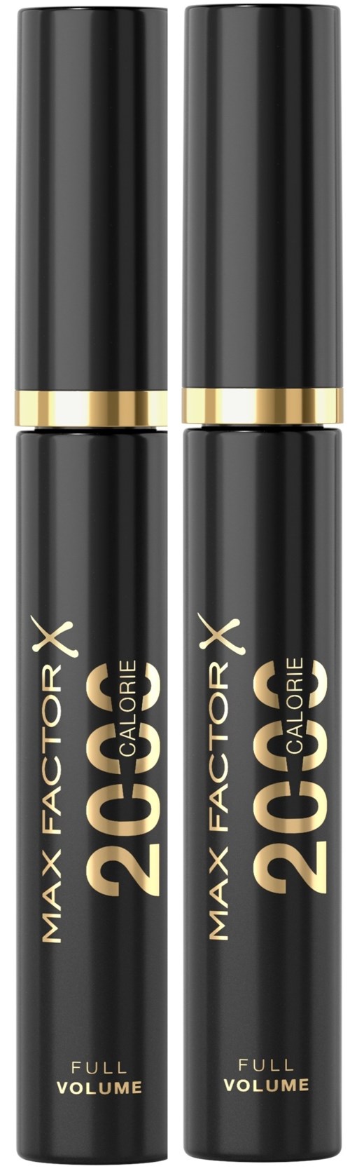 Twee zwarte mascara-buizen met goudkleurige accenten en tekst, gemarkeerd "MAX FACTOR X 26 COLOR" en "FULL VOLUME."