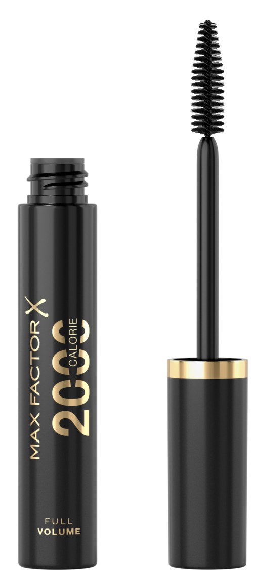 Een zwarte mascara-buis met gouden tekst en een lange spoolie. Gelabeld "MAX FACTOR X 26G COLOR" en "FULL VOLUME."