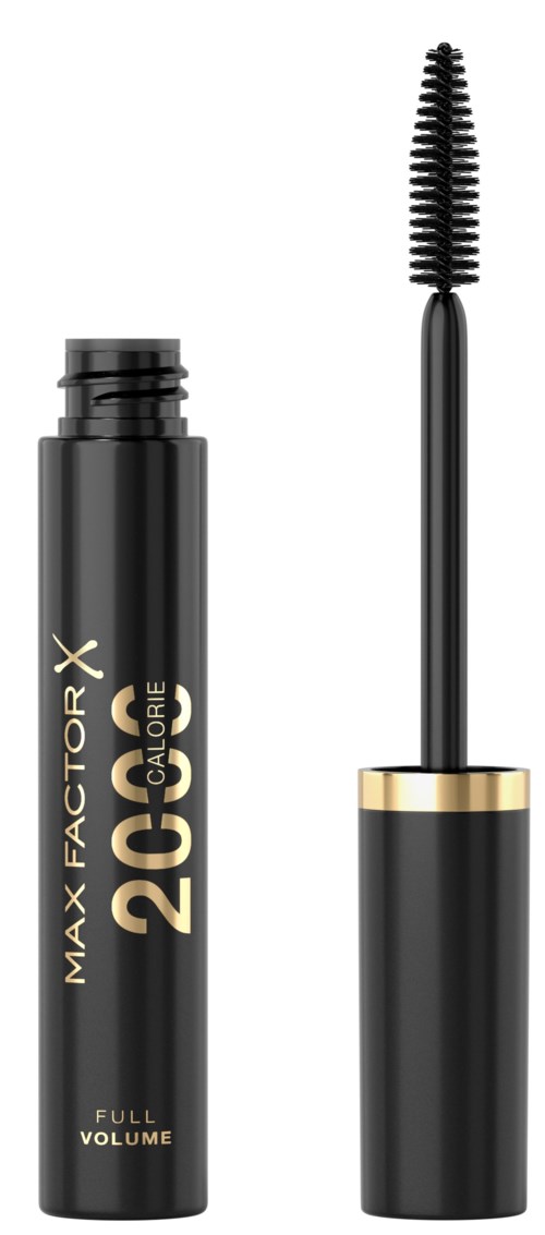 Een zwarte mascara tube met gouden details en een open kwast applicator.
