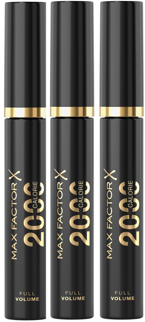 Drie zwarte mascara-flessen met gouden accenten, gemerkt 'MAX FACTOR X 20 COLOR' en 'FULL VOLUME'.