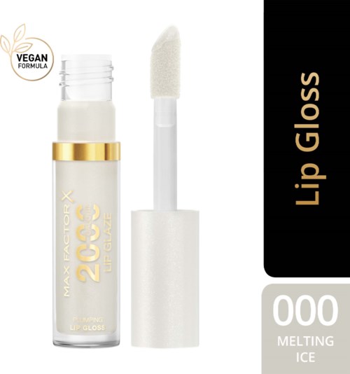 Lippen glans genaamd Melting Ice, vegan formule, duurzaam, met applicator en doorzichtige container, zwart-beige verpakking.