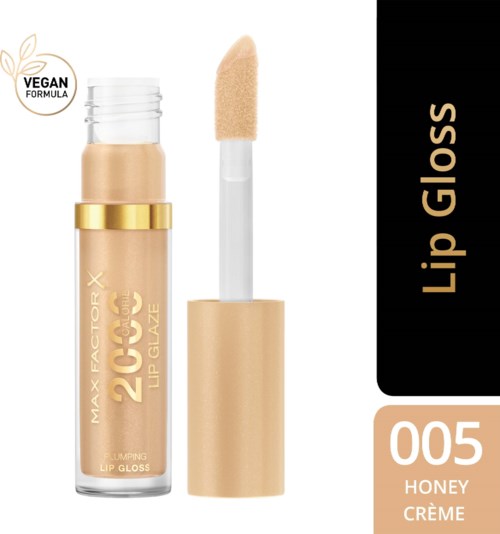A beige lip gloss tube with a sponge applicator, labeled as honey crème, vegan, and having a number 005.
