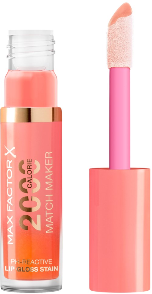 Pink lip gloss with a sponge applicator, labeled as Max Factor X, Calorie Match Maker, and lip stain.