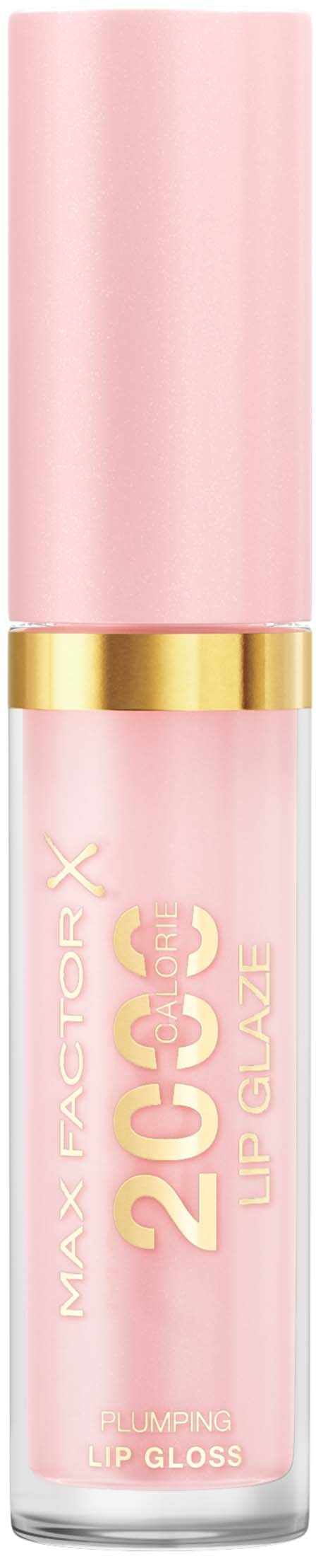 Pink lipstick tube with gold band and gold text, labeled "MAX FACTOR X 20 HOUR LIP-GLOSS."