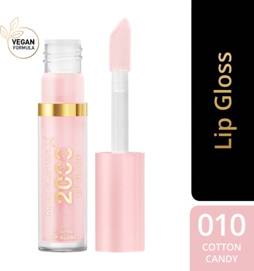 Pink lip gloss in a clear tube with a white applicator. Label says "Cotton Candy" and Chef Max Factor X.