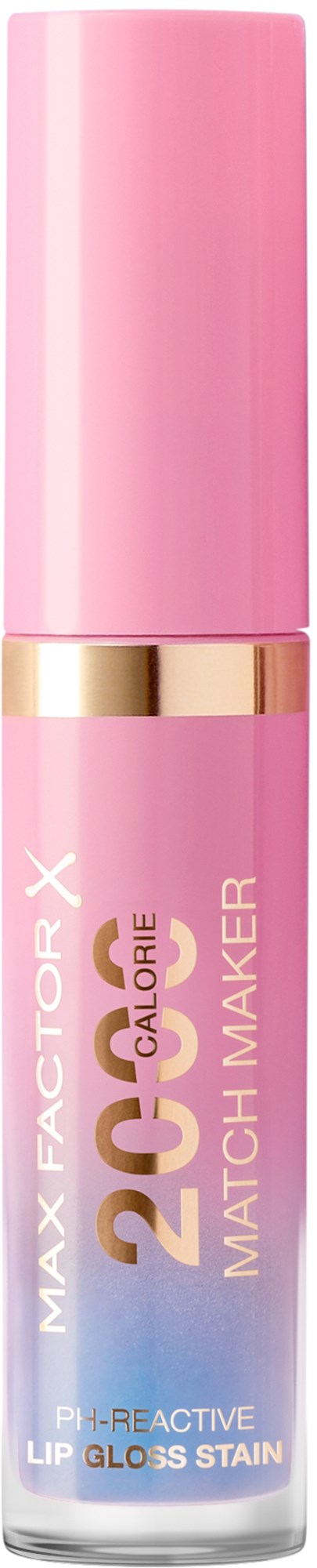 Pink lip gloss with gold accents, labeled 'Max Factor 24H Calorie Match Maker', for lips, long-lasting, and glossy.