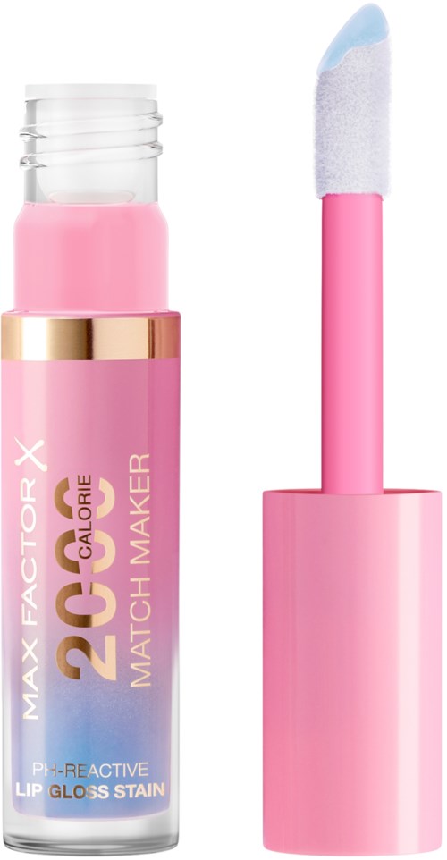 Pink lip gloss with a white sponge tip applicator, in a clear container, labeled 'Max Factor X Calorie Match Maker'.