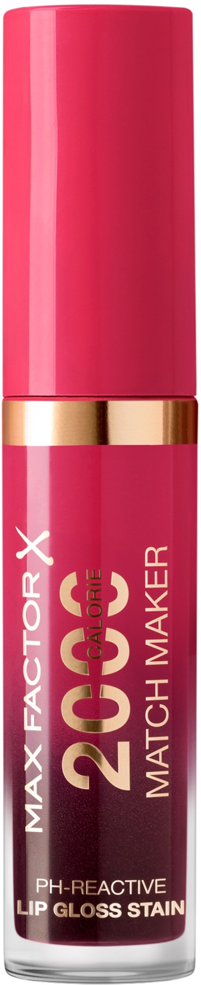 Pink lipstick with gold band, labeled "Max Factor X CCC Match Maker" and "PH-Reactive Lip Gloss Stain."