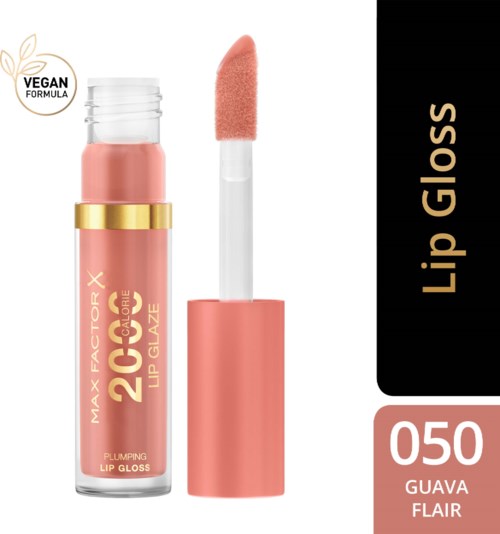 A peach-colored lip gloss tube with a sponge applicator, labeled '050 Guava Flair,' vegan, and glossy.