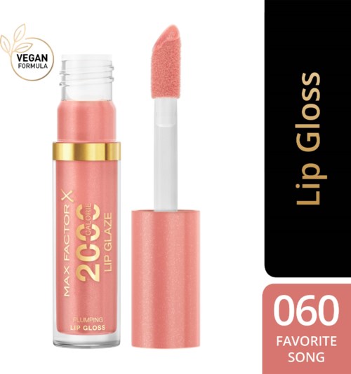 A pink lip gloss tube with a wand shows, labeled 'Lip Gloss' and 'Favorite Song 060.' It is vegan and in a clear container.