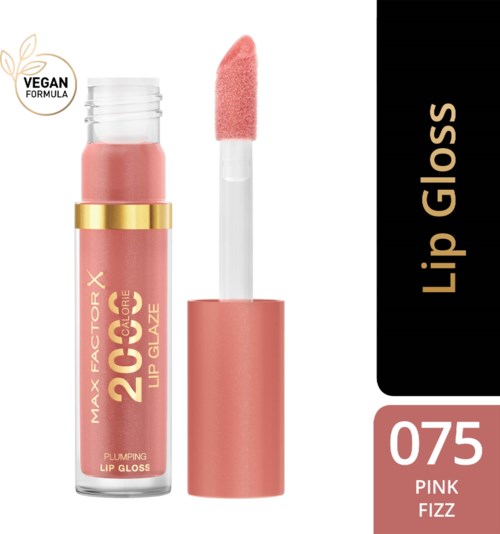 Roze lipgloss, vegan, hydraterend, met applicator. Merk: Max Factor, tint: Pink Fizz, nummer: 075.