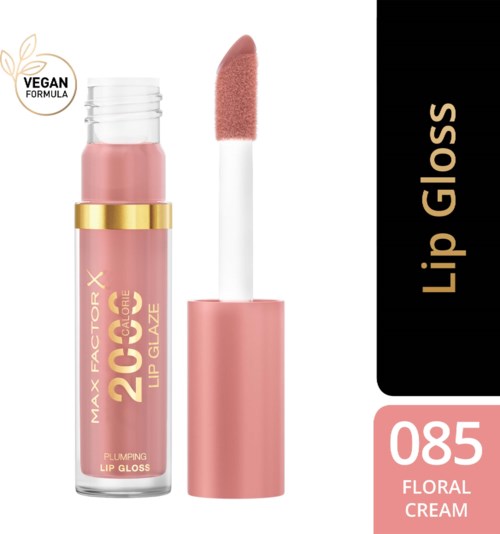 Roze lipgloss tube met applicator, label zegt floral cream, vegan formule, 085.