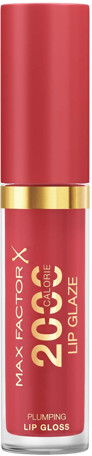 Red lip gloss tube with gold ring, labeled "Max Factory 2C X Lip Gloss" and "Plumping Lip Gloss."