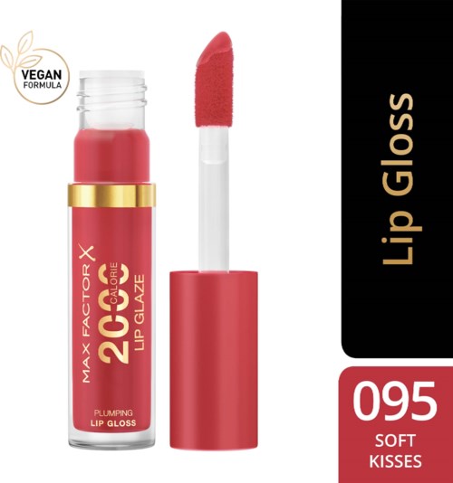 A pink lip gloss tube with a doe-foot applicator, labeled "Lip Gloss" and "Soft Kisses."