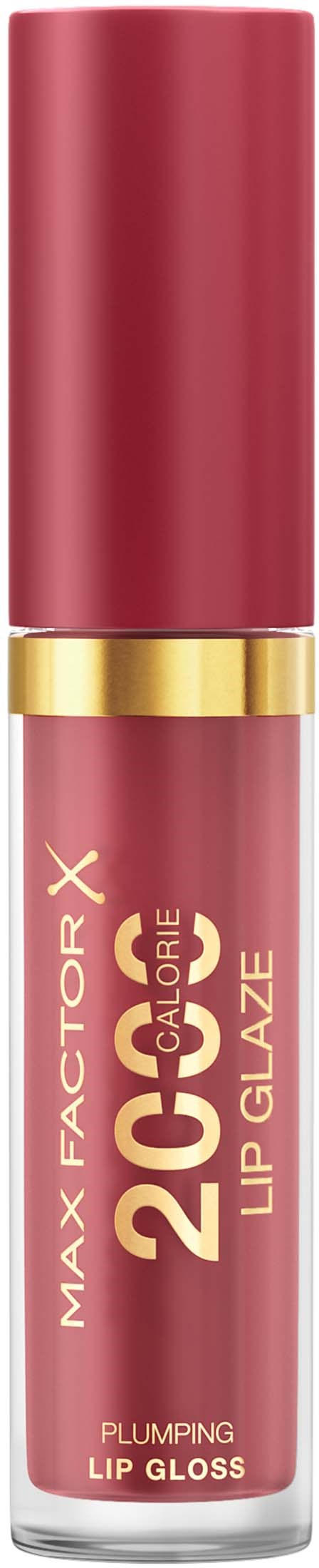 A pink lip gloss tube with gold accents, labeled 'Max Factor 20 Calorie Lip Glaze' and 'Plumping Lip Gloss'.