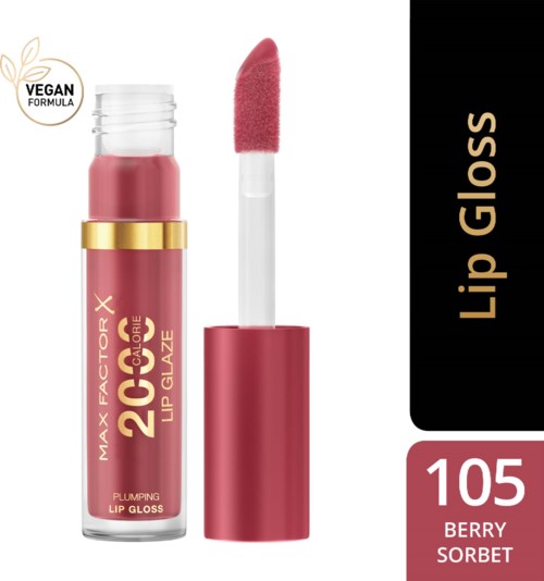 Lip gloss tube marked 'Max Factor X,' shade 'Berry Sorbet,' with a pink applicator and 'Vegan Formula' label.