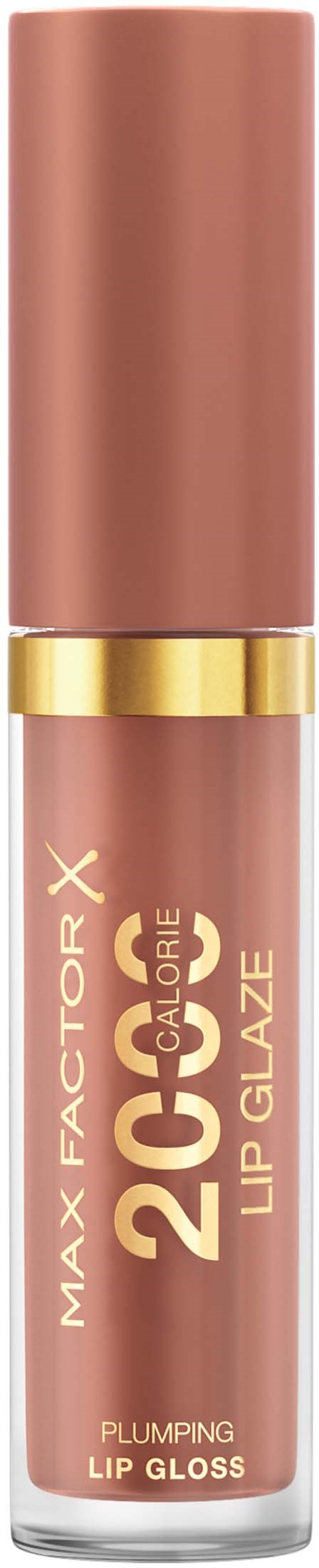 Lip gloss tube with gold band, labeled as 'Max Factor X Calorie Lip' and '20 Calorie Lip Plumping Gloss.'