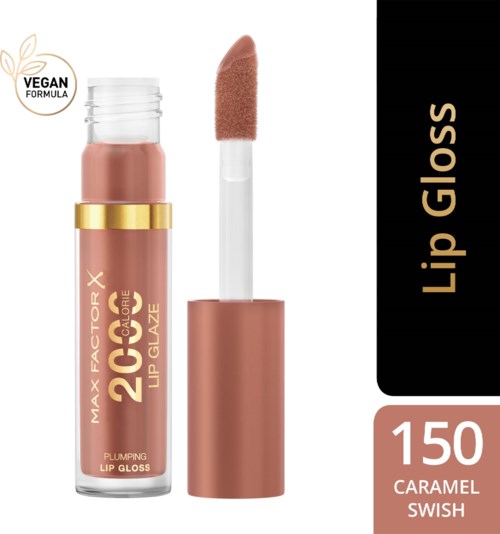 A lip gloss tube labeled 'Max Factor X 20 Carbon Lip Glow' with a caramel color, and an applicator stick.