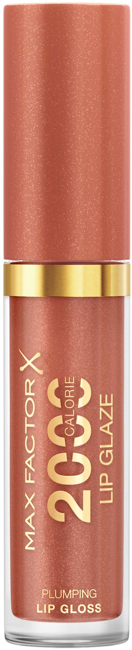 Een tube Max Factor Lip Gloss genaamd '20 Calorie Lip Plump' in een roze tint met gouden accenten.