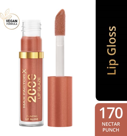 Een lipglossfles met label 'Max Factor X 2000 Calorie Lip Glaze', perzikkleurige gloss en applicator.